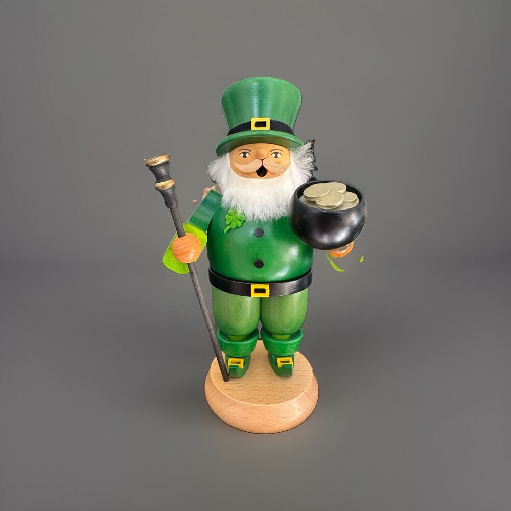 Erzgebirge Leprechaun Pot Of Gold St. Patrick’s Day Handmade Wooden Figurine EUC